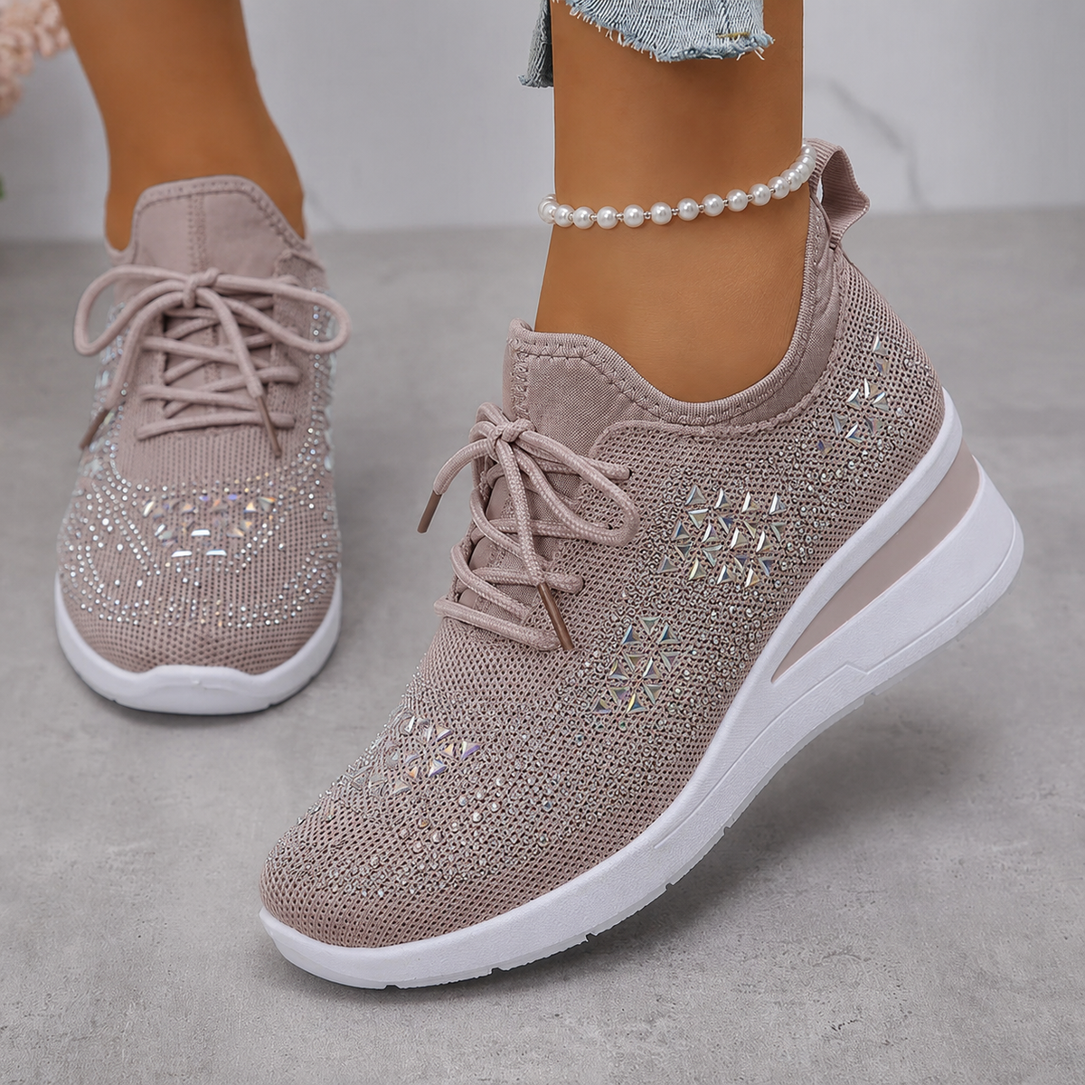 Damskie dzianinowe sneakersy na koturnie z cyrkoniami - widok produktu 21 | Ionotix