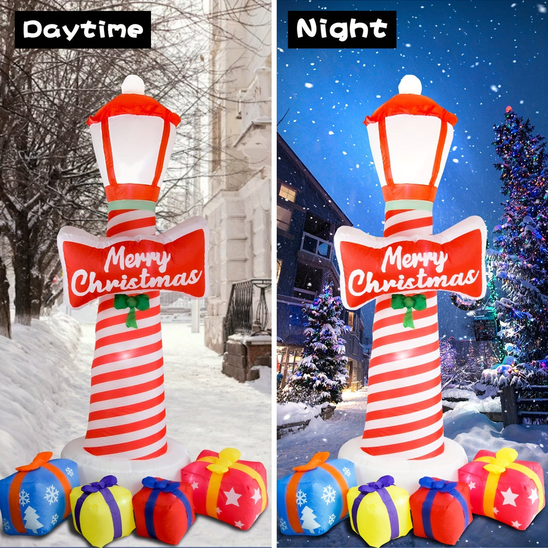 Dmuchana latarnia świąteczna LED 247 cm - podświetlana, napis Merry Christmas, prezenty u podstawy - widok produktu 3 | Ionotix