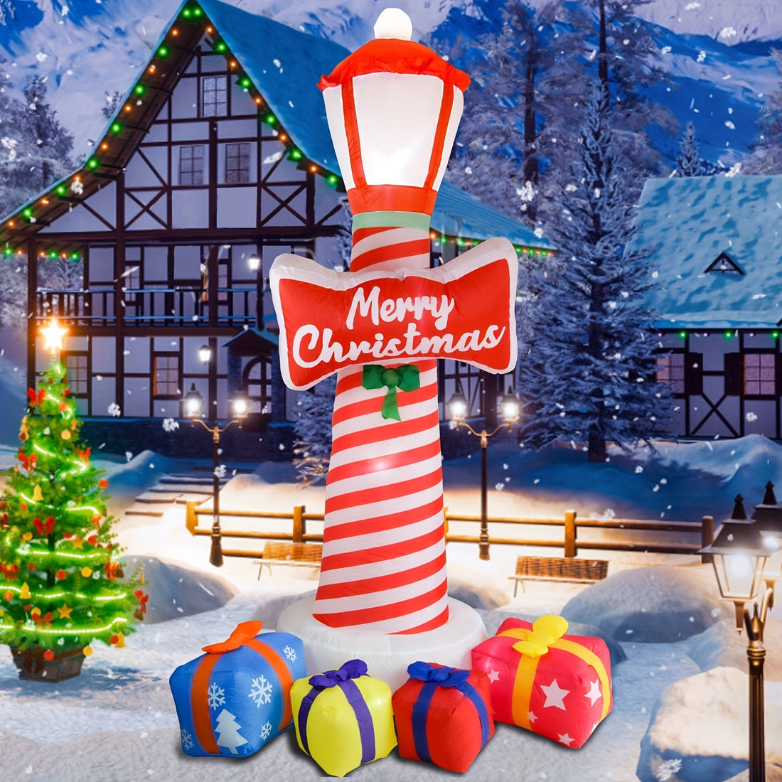 Dmuchana latarnia świąteczna LED 247 cm - podświetlana, napis Merry Christmas, prezenty u podstawy - widok produktu 4 | Ionotix