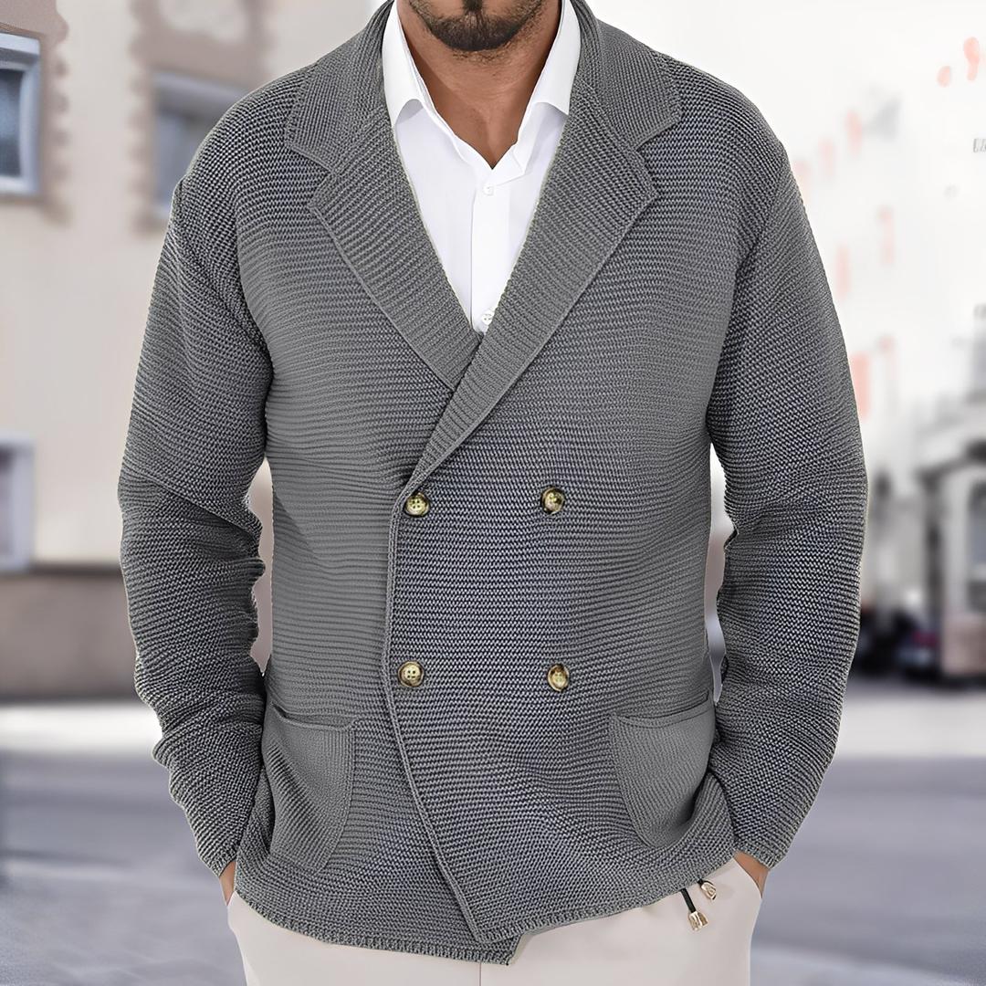 Dwurzędowy dzianinowy kardigan z kołnierzem szalowym – widok produktu 1 | Ionotix