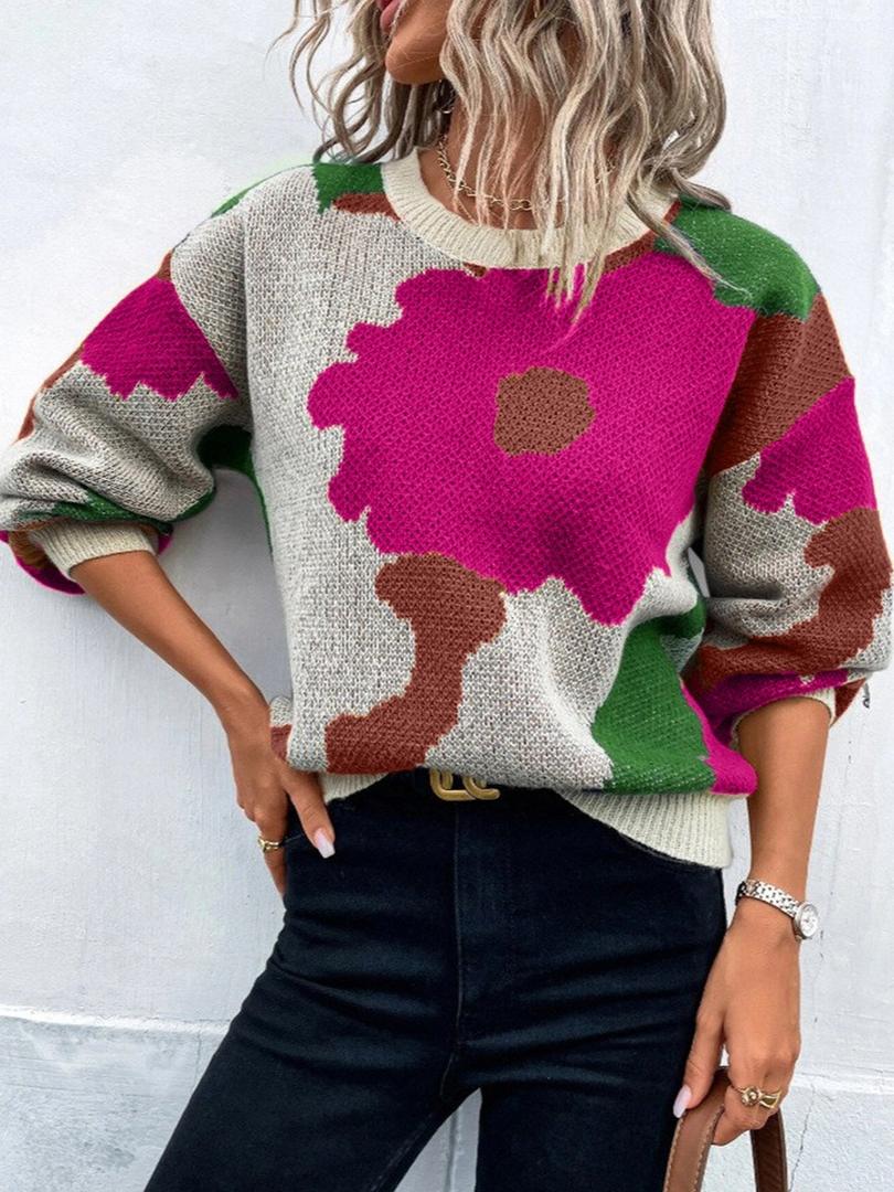 Dzianinowy sweter typu pullover z kwiatowym wzorem i okrągłym dekoltem – widok produktu 1 | Ionotix