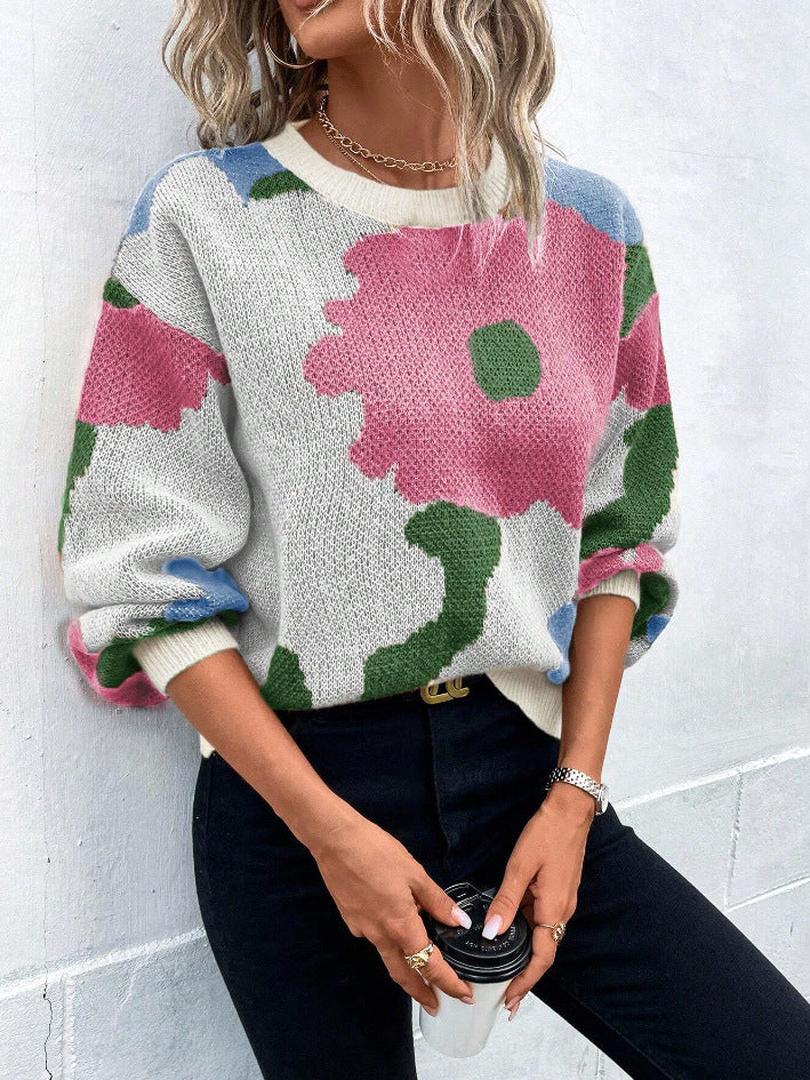 Dzianinowy sweter typu pullover z kwiatowym wzorem i okrągłym dekoltem – widok produktu 3 | Ionotix