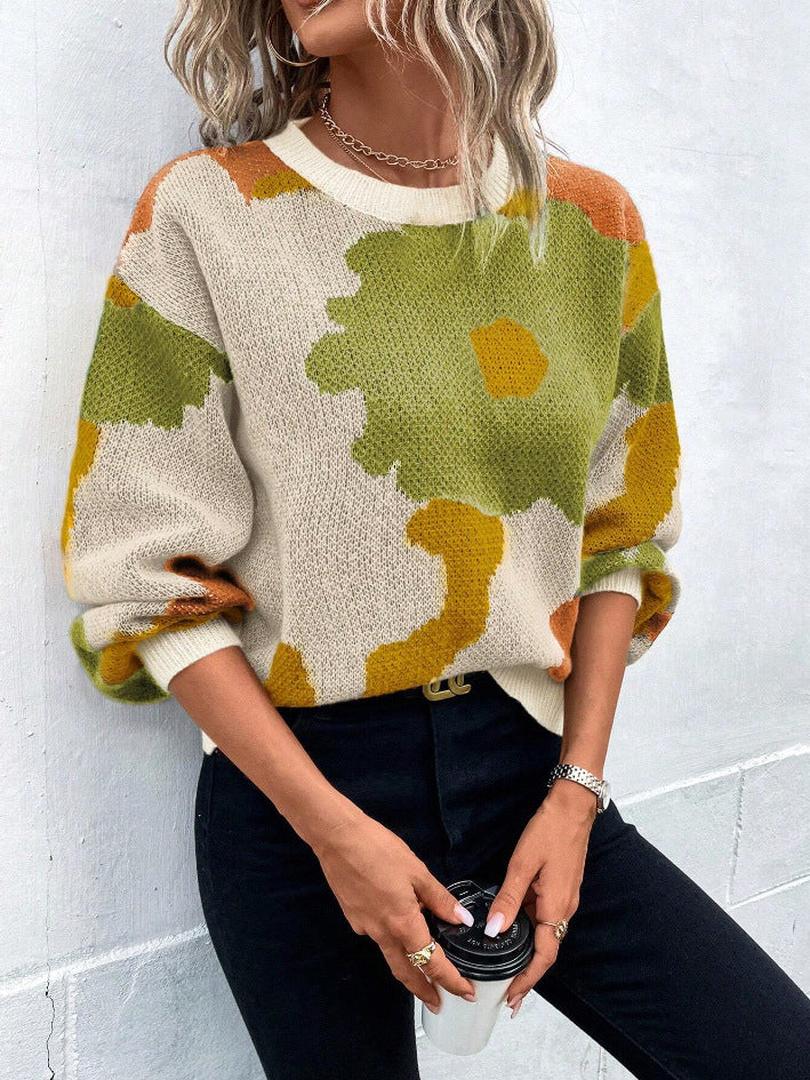 Dzianinowy sweter typu pullover z kwiatowym wzorem i okrągłym dekoltem – widok produktu 6 | Ionotix