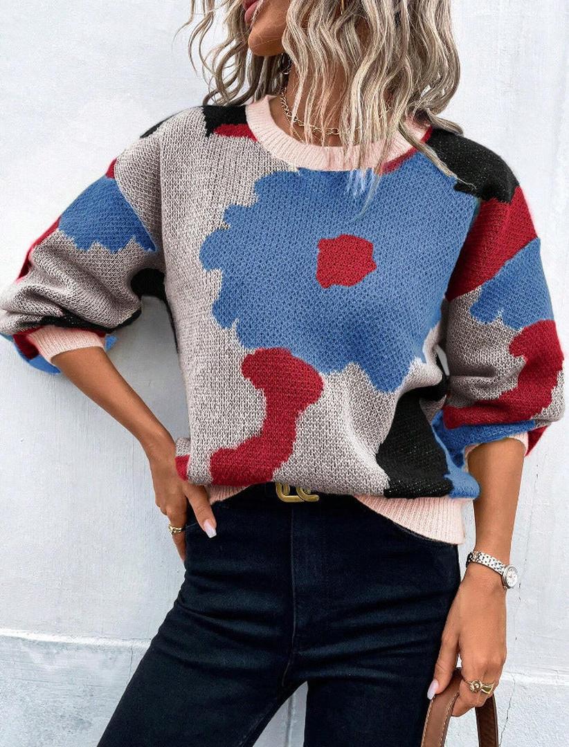 Dzianinowy sweter typu pullover z kwiatowym wzorem i okrągłym dekoltem – widok produktu 7 | Ionotix