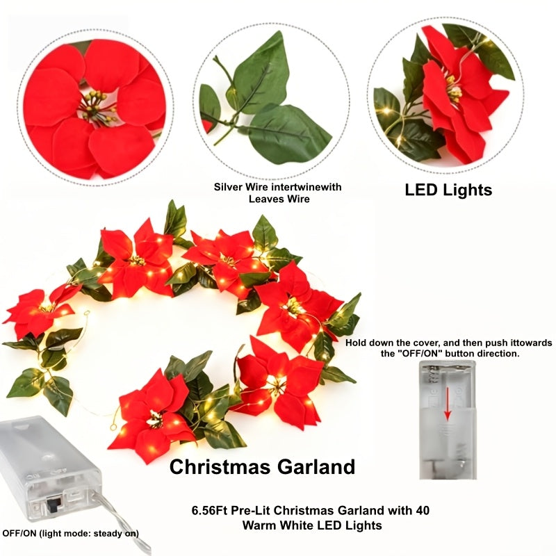 Girlanda świąteczna LED 2 m - czerwone kwiaty gwiazdy betlejemskiej, 40 diod, na baterie AA - widok produktu 4 | Ionotix