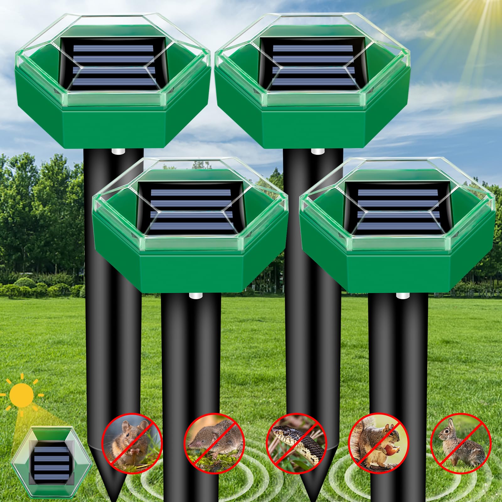 Solarny odstraszacz kretów Kretello wbity w trawnik
