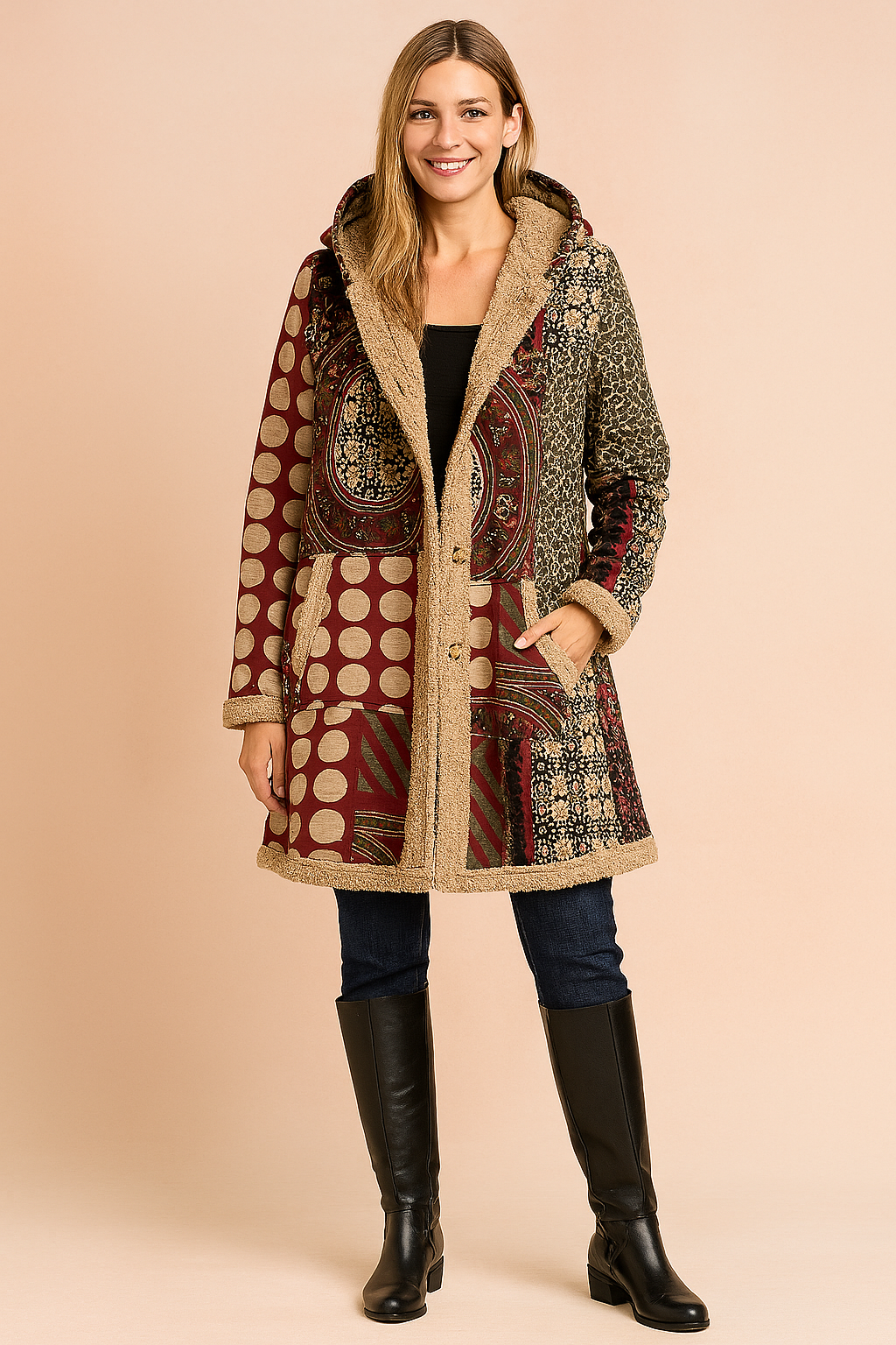 Kurtka fleece damska długa z kapturem - wzór patchwork – widok produktu 2 | Ionotix