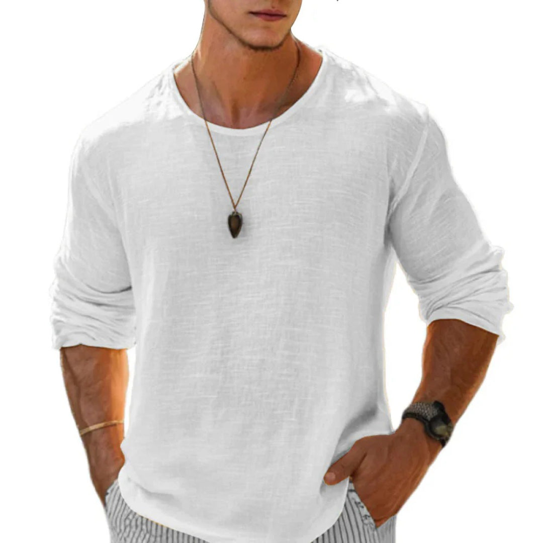 Lniany T-shirt z długim rękawem z domieszką lnu i okrągłym dekoltem – widok produktu 3 | Ionotix