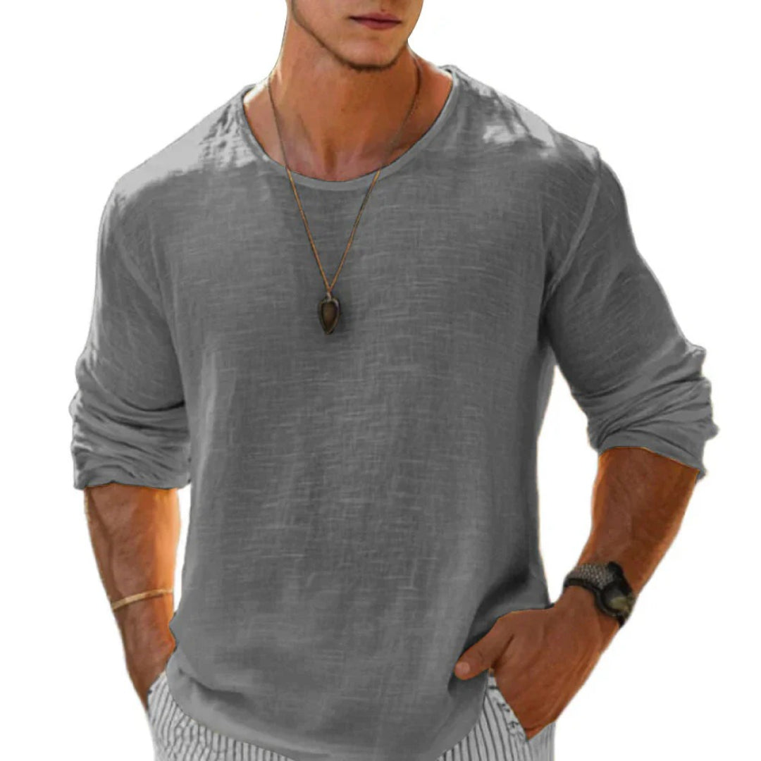 Lniany T-shirt z długim rękawem z domieszką lnu i okrągłym dekoltem – widok produktu 4 | Ionotix