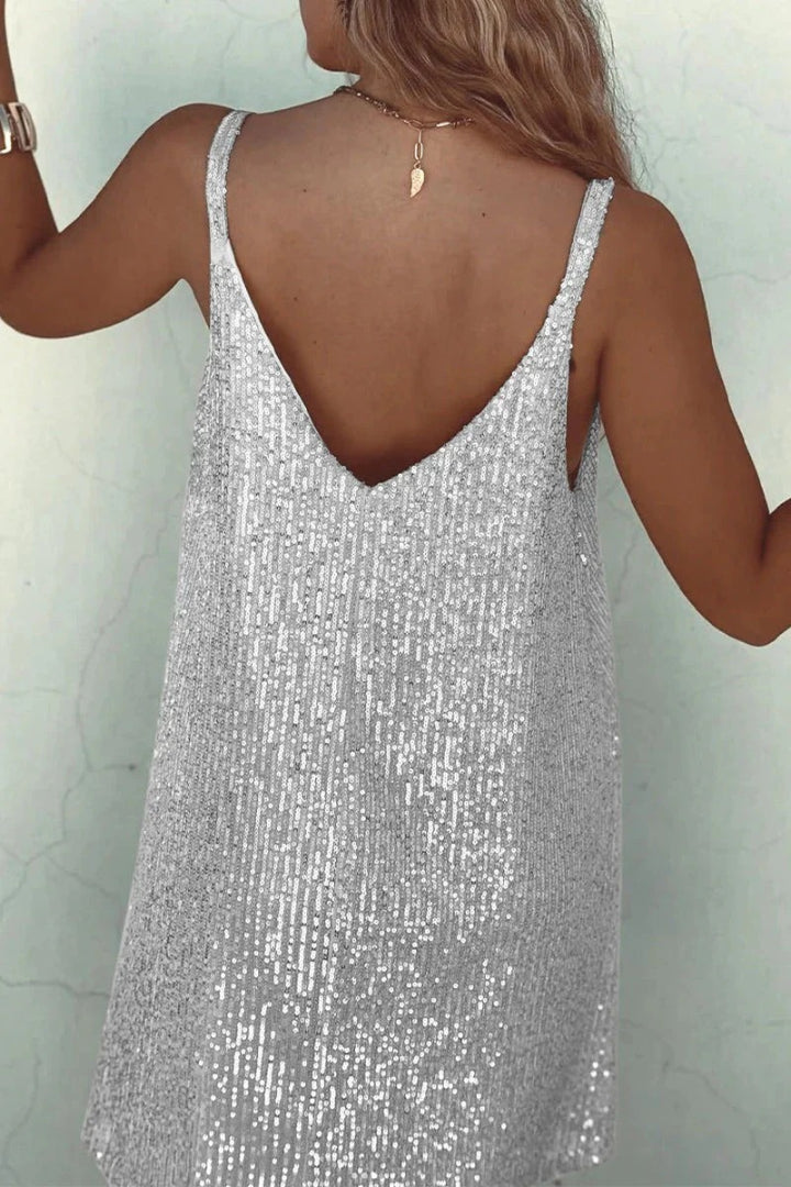 Mini sukienka imprezowa bez rękawów z cekinami i dekoltem V – widok produktu 2 | Ionotix