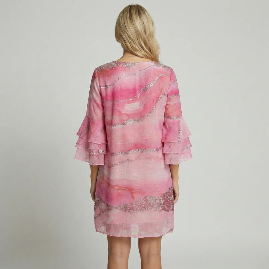 Mini sukienka z nadrukiem z dekoltem V i falowanym rękawem – widok produktu 5 | Ionotix