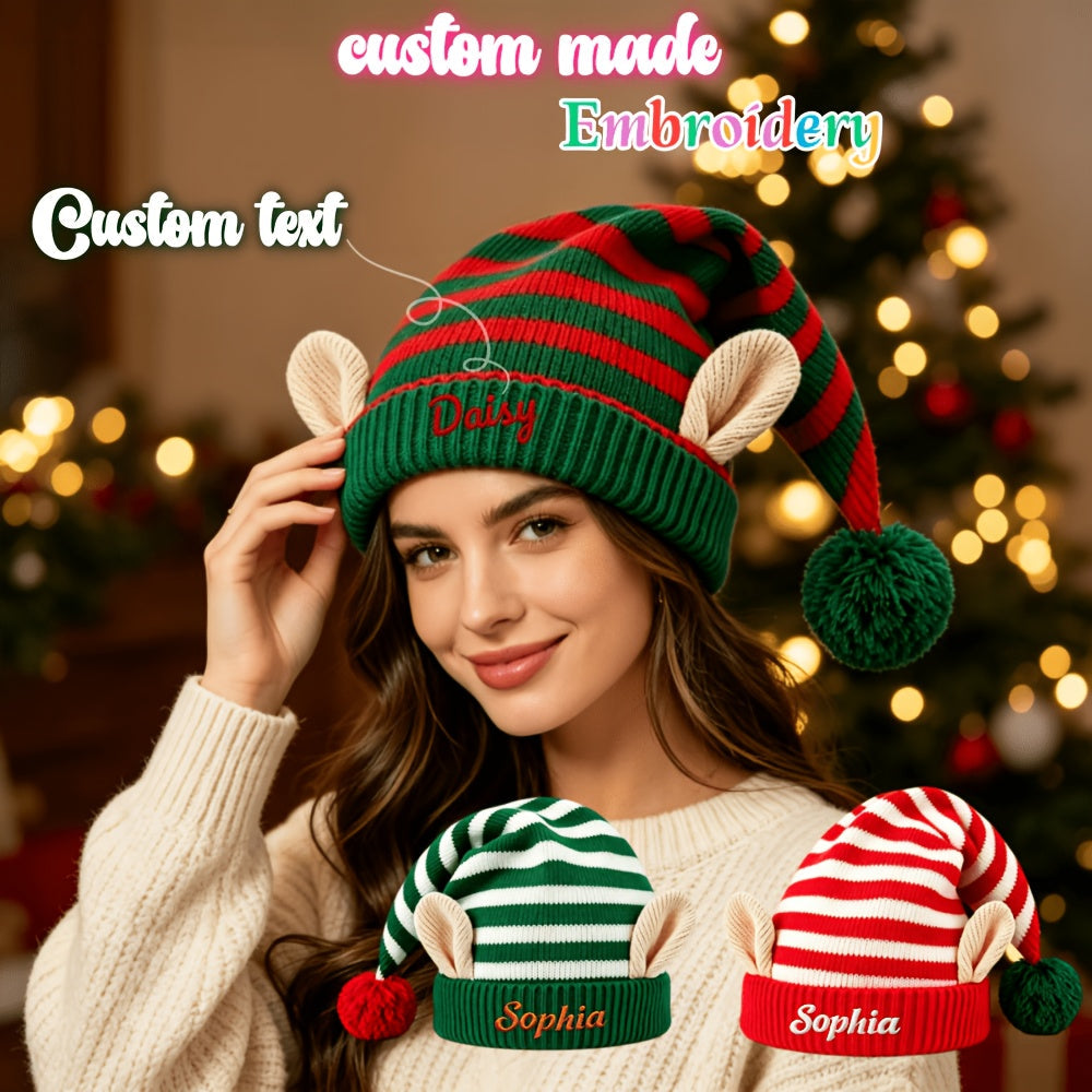 Personalizowana czapka elfa dziana - haftowane imię lub numer, uszy elfa, pompon | obwód 58-60 cm - widok produktu 2 | Ionotix