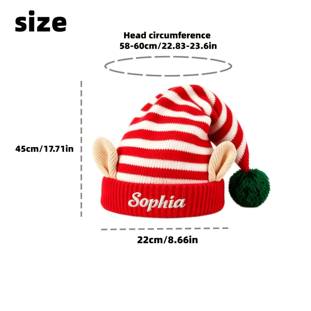 Personalizowana czapka elfa dziana - haftowane imię lub numer, uszy elfa, pompon | obwód 58-60 cm - widok produktu 3 | Ionotix