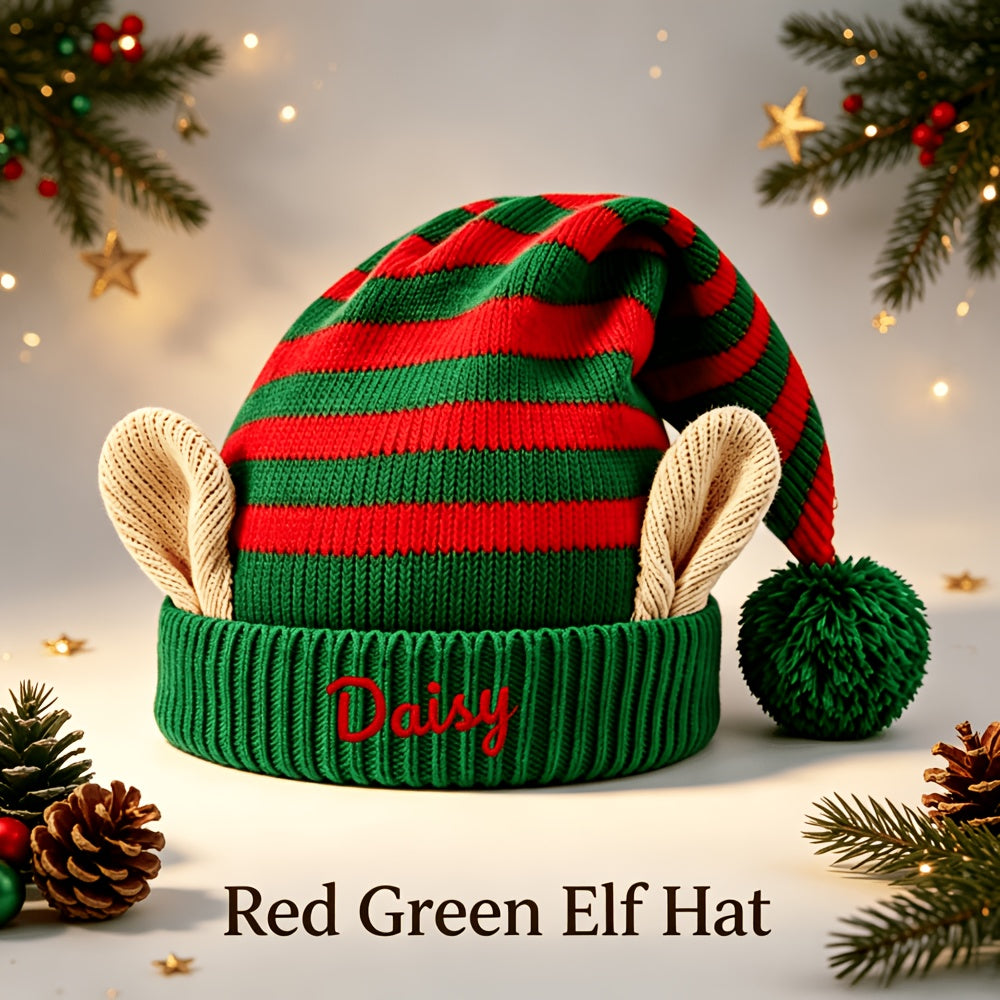 Personalizowana czapka elfa dziana - haftowane imię lub numer, uszy elfa, pompon | obwód 58-60 cm - widok produktu 10 | Ionotix