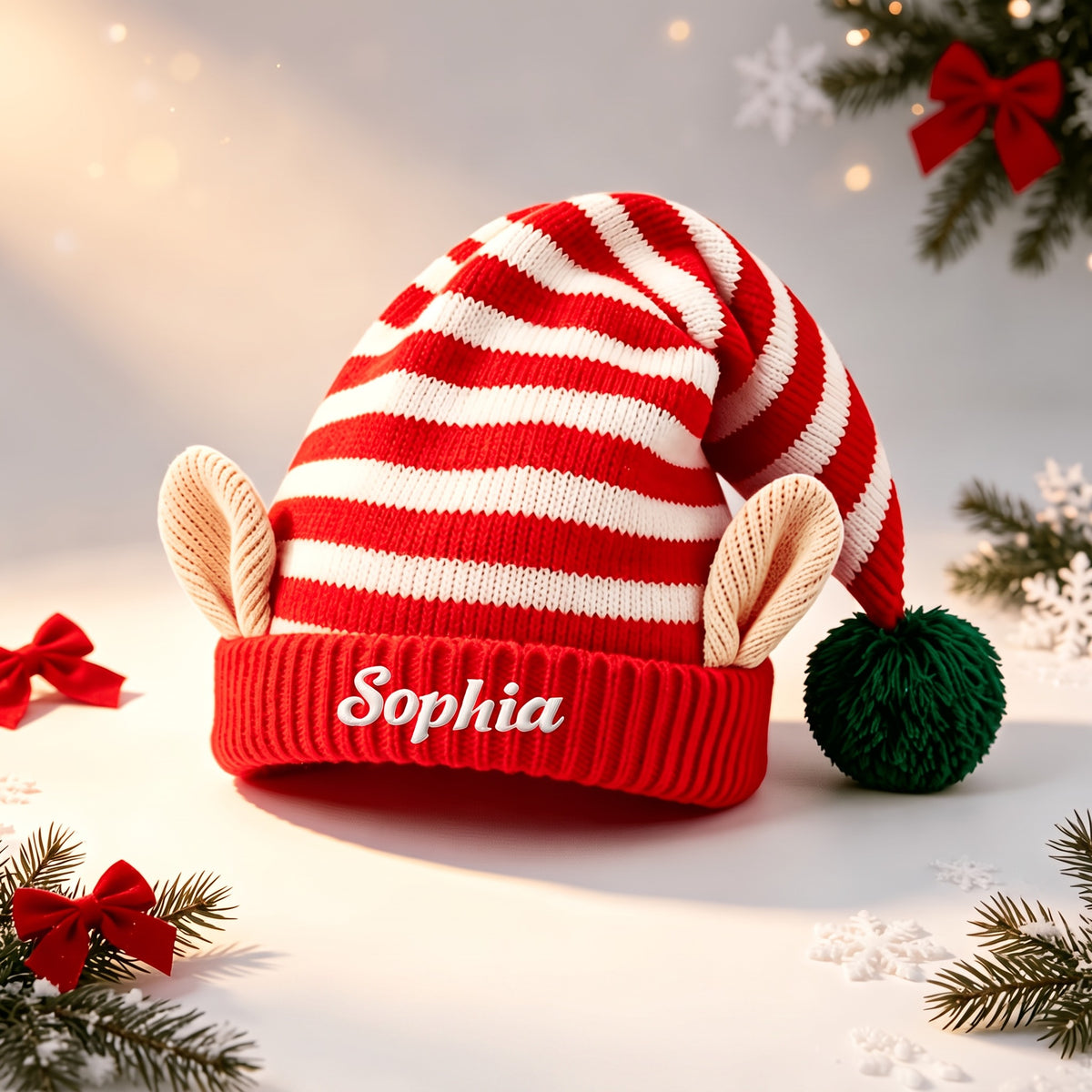 Personalizowana czapka elfa dziana - haftowane imię lub numer, uszy elfa, pompon | obwód 58-60 cm - widok produktu 12 | Ionotix