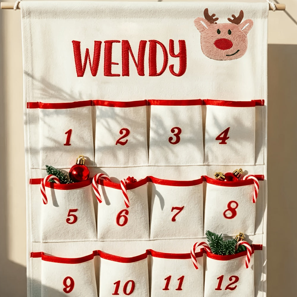 Personalizowany kalendarz adwentowy - haftowane imię, 24 kieszonki do zawieszenia | 45 x 100 cm - widok produktu 2 | Ionotix