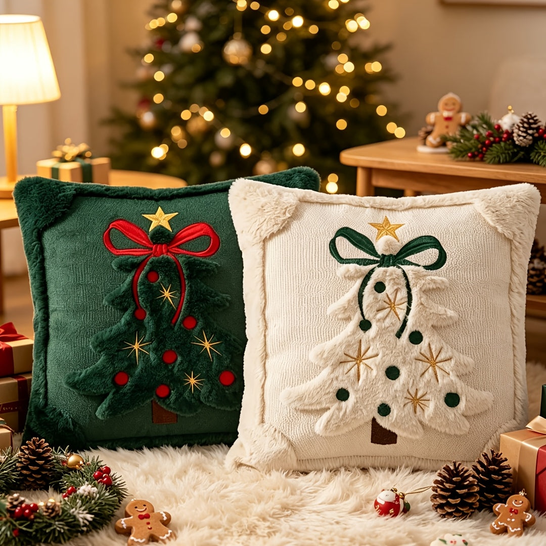 Poszewki świąteczne na poduszki 45 x 45 cm 2 szt. - wypukła choinka i haftowana kokarda, zamek błyskawiczny - widok produktu 2 | Ionotix