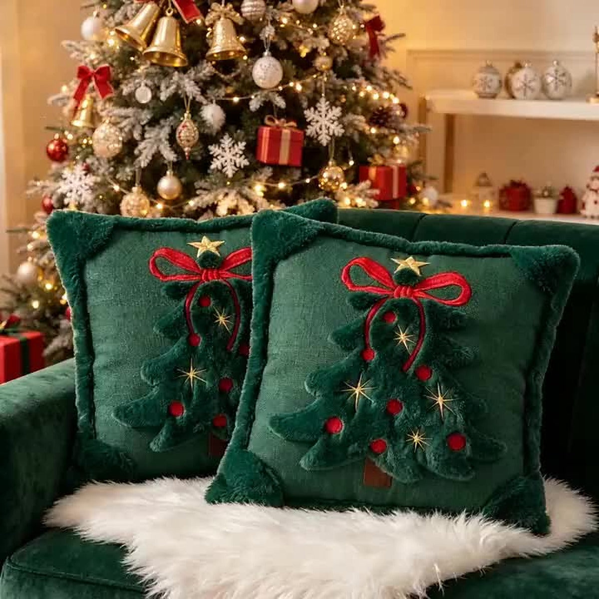 Poszewki świąteczne na poduszki 45 x 45 cm 2 szt. - wypukła choinka i haftowana kokarda, zamek błyskawiczny - widok produktu 12 | Ionotix
