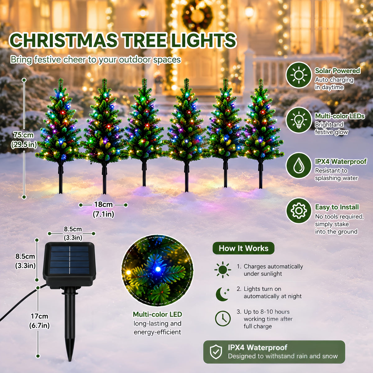 Solarne choinki LED wbijane 75 cm - 5 lub 10 szt., wielokolorowe, czujnik zmierzchu | IPX4 - widok produktu 2 | Ionotix