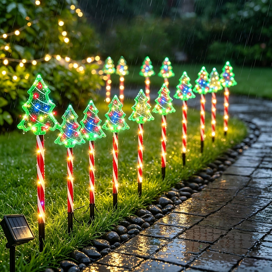 Solarne lampki ogrodowe choinki 60 cm - kolorowe LED, zestaw 8 lub 12 szt. | panel słoneczny na szpikulcu - widok produktu 1 | Ionotix
