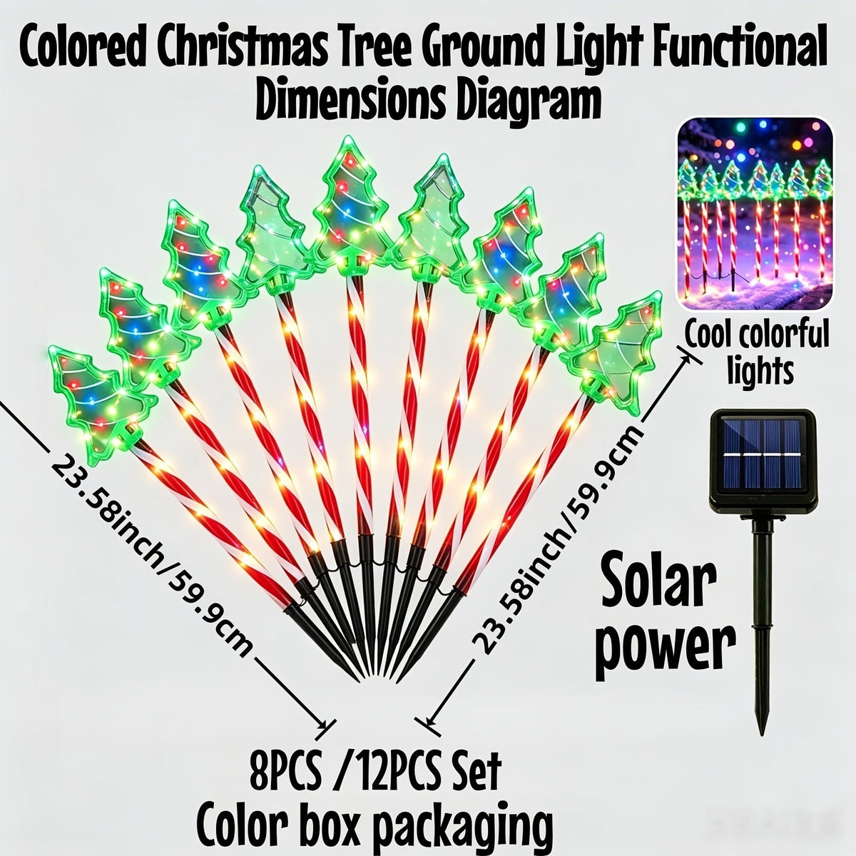 Solarne lampki ogrodowe choinki 60 cm - kolorowe LED, zestaw 8 lub 12 szt. | panel słoneczny na szpikulcu - widok produktu 5 | Ionotix