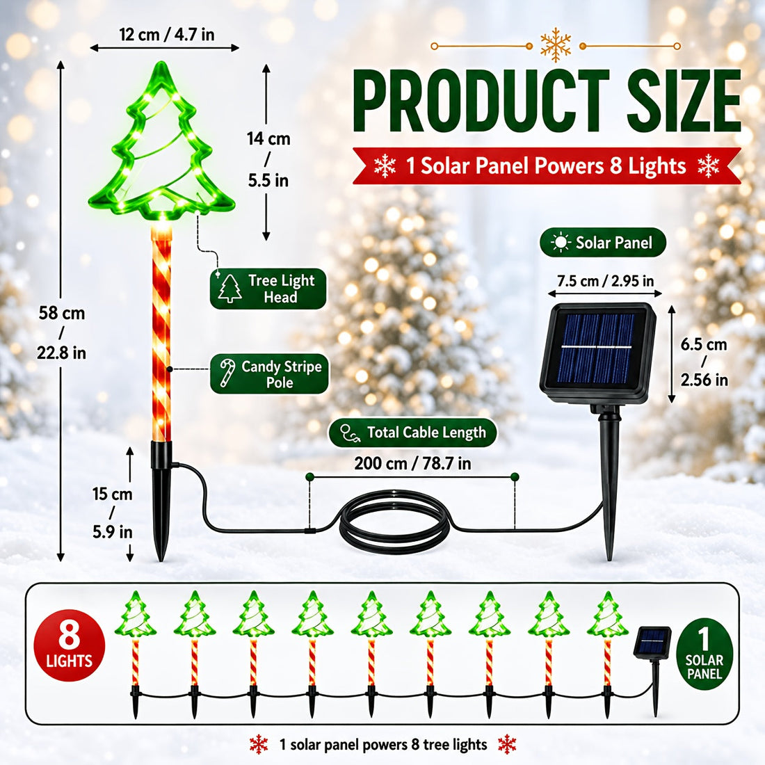 Solarne lampki ogrodowe choinki 8 szt. - wbijane, czujnik zmierzchu, jeden panel | 58 cm - widok produktu 4 | Ionotix