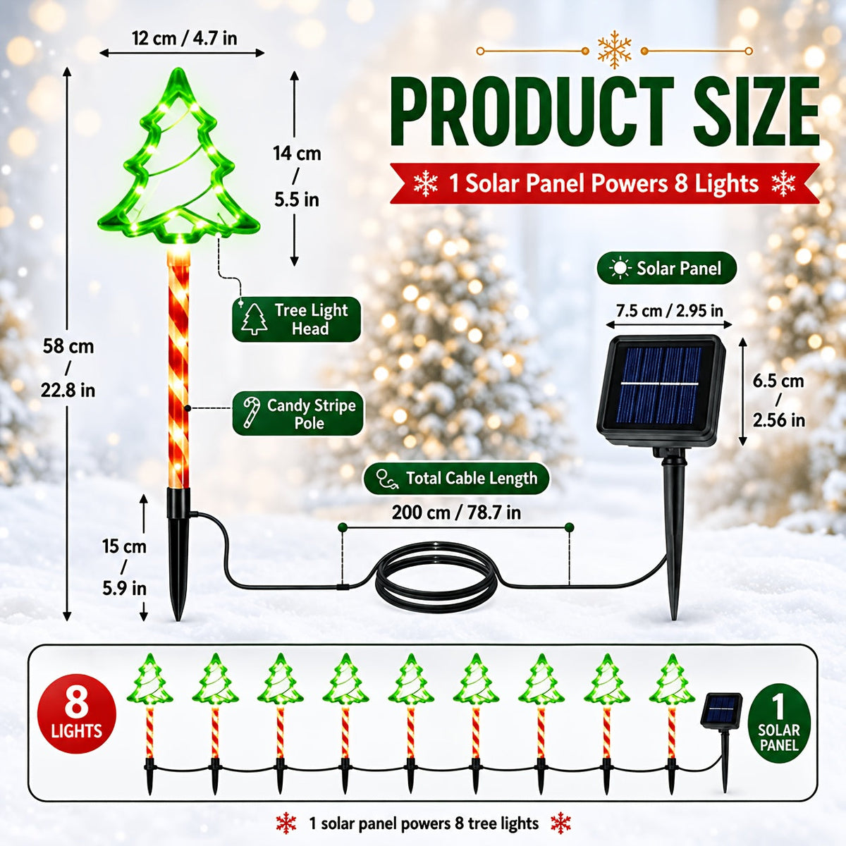 Solarne lampki ogrodowe choinki 8 szt. - wbijane, czujnik zmierzchu, jeden panel | 58 cm - widok produktu 4 | Ionotix