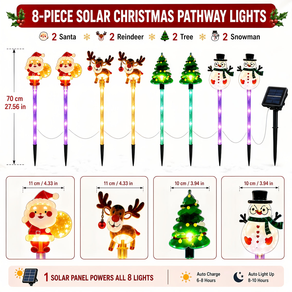 Solarne lampki ogrodowe LED 8 szt. - Mikołaj, renifer, bałwan i choinka | wbijane, 70 cm - widok produktu 3 | Ionotix