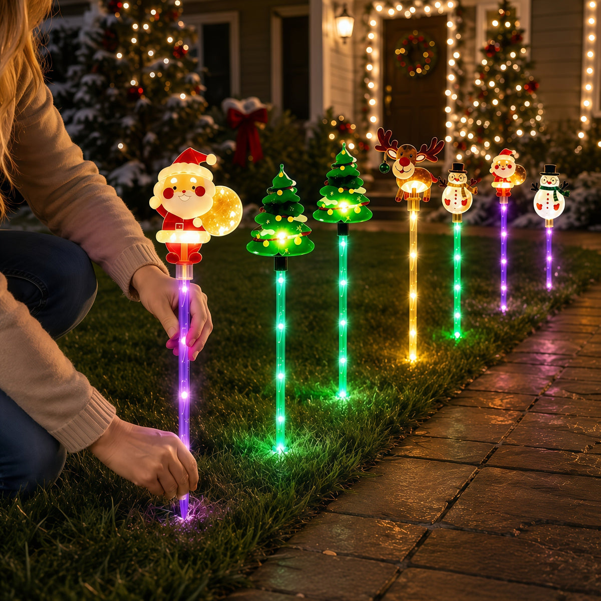 Solarne lampki ogrodowe LED 8 szt. - Mikołaj, renifer, bałwan i choinka | wbijane, 70 cm - widok produktu 9 | Ionotix