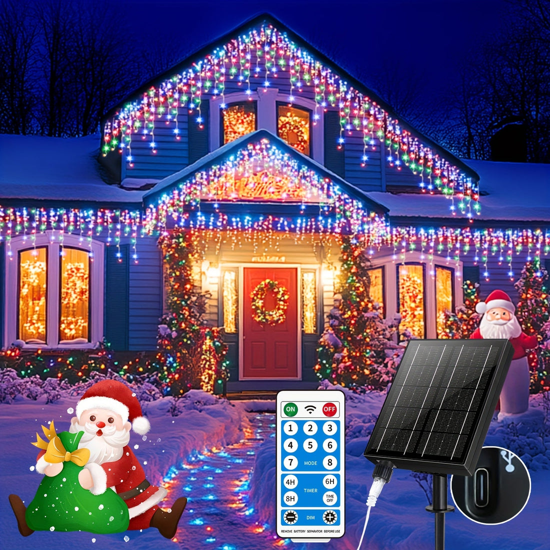 Solarne lampki sople 600 LED - 8 trybów, pilot i timer, ładowanie USB-C | 120 sopli, 15 m - widok produktu 2 | Ionotix