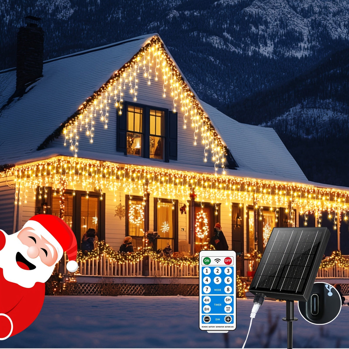 Solarne lampki sople 600 LED - 8 trybów, pilot i timer, ładowanie USB-C | 120 sopli, 15 m - widok produktu 3 | Ionotix