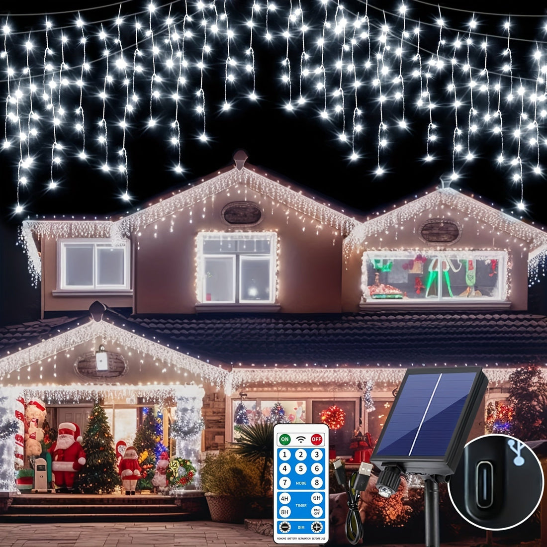 Solarne lampki sople 600 LED - 8 trybów, pilot i timer, ładowanie USB-C | 120 sopli, 15 m - widok produktu 4 | Ionotix