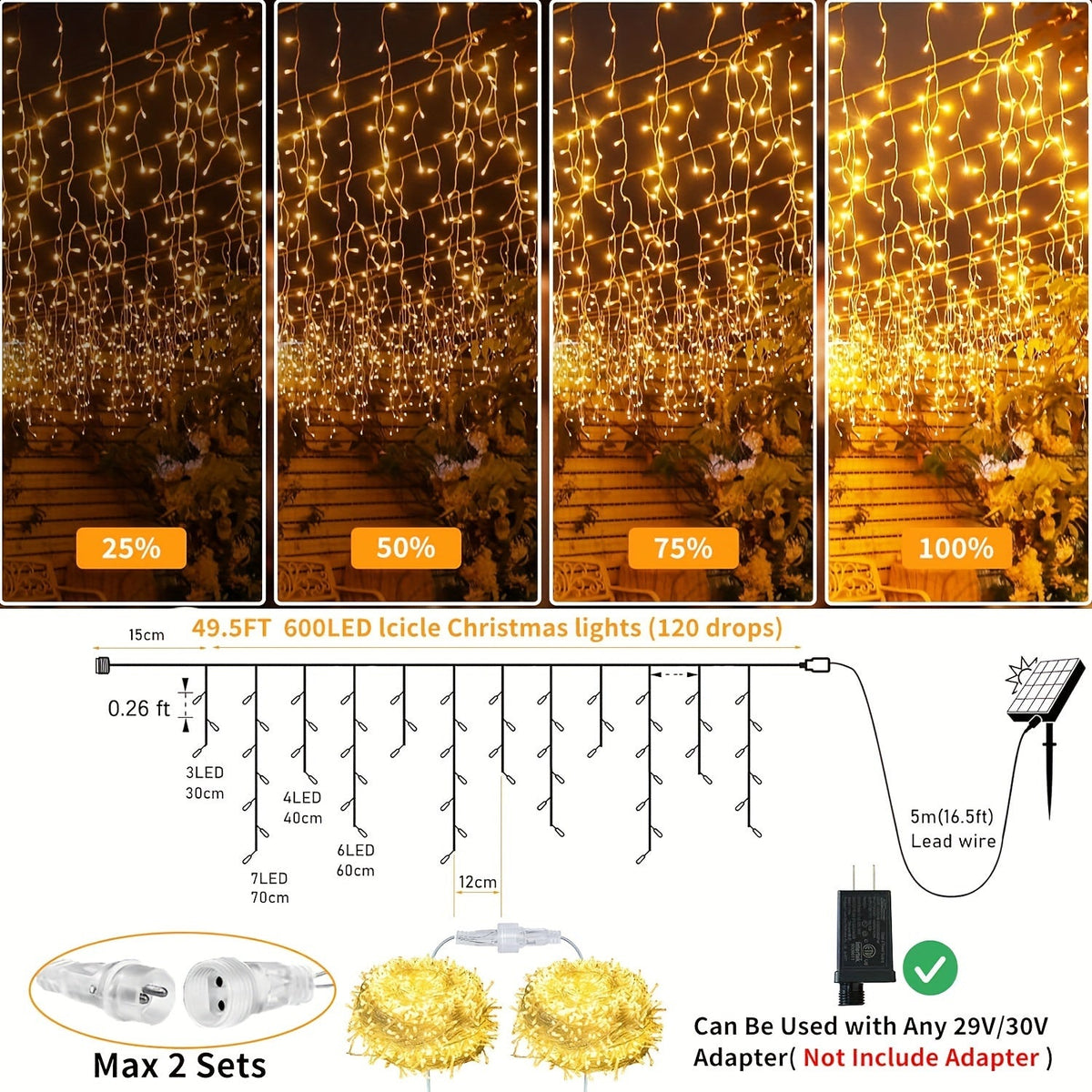 Solarne lampki sople 600 LED - 8 trybów, pilot i timer, ładowanie USB-C | 120 sopli, 15 m - widok produktu 7 | Ionotix