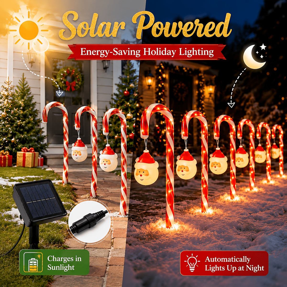 Solarne laski cukrowe LED 44 cm, 7 lub 11 szt. - 8 trybów świecenia, figurki Mikołaja | IPX6 - widok produktu 3 | Ionotix