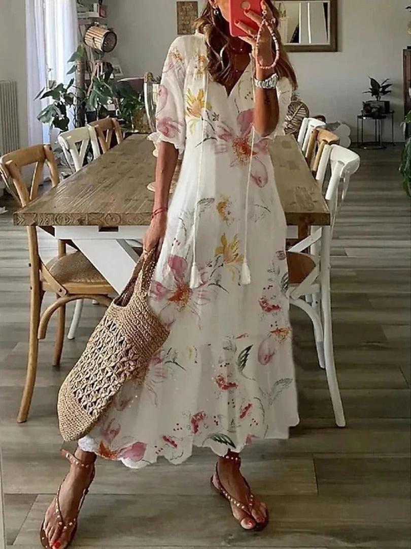 Sukienka maxi w stylu boho z kwiatowym wzorem i dekoltem w serek – widok produktu 6 | Ionotix