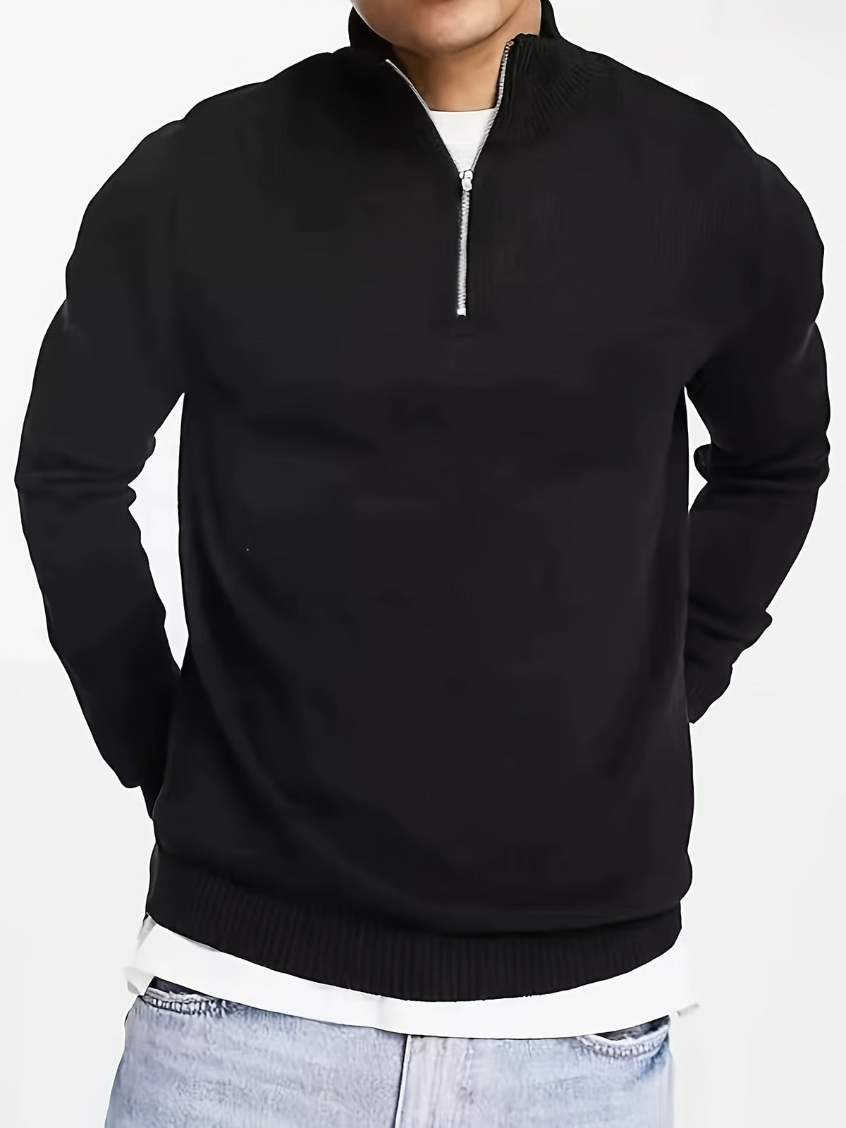 Sweter męski z krótkim zamkiem i stójką - czarny lub biały – widok produktu 1 | Ionotix