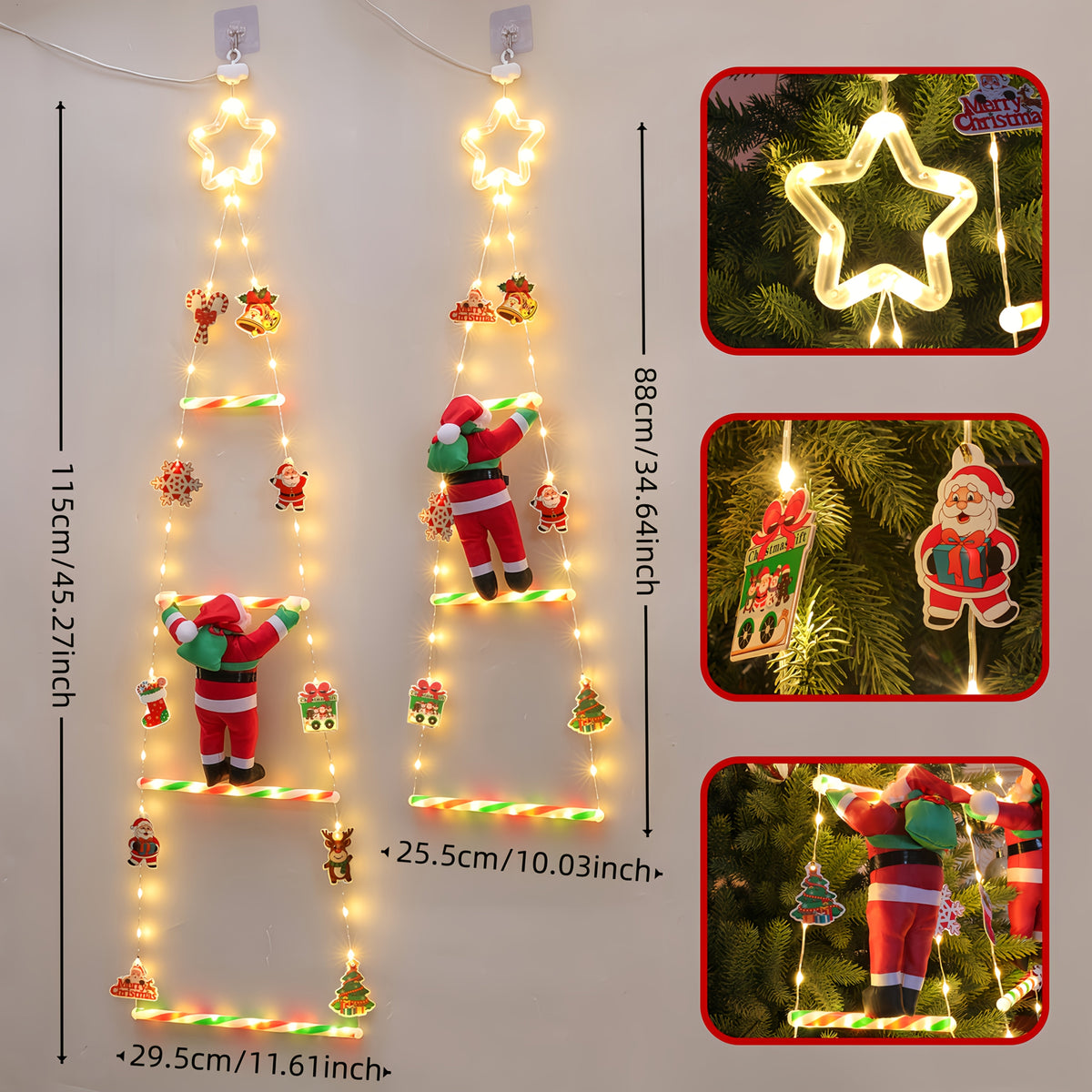 Świąteczna drabinka LED z Mikołajem USB - 8 trybów świecenia | 88 lub 115 cm - widok produktu 4 | Ionotix