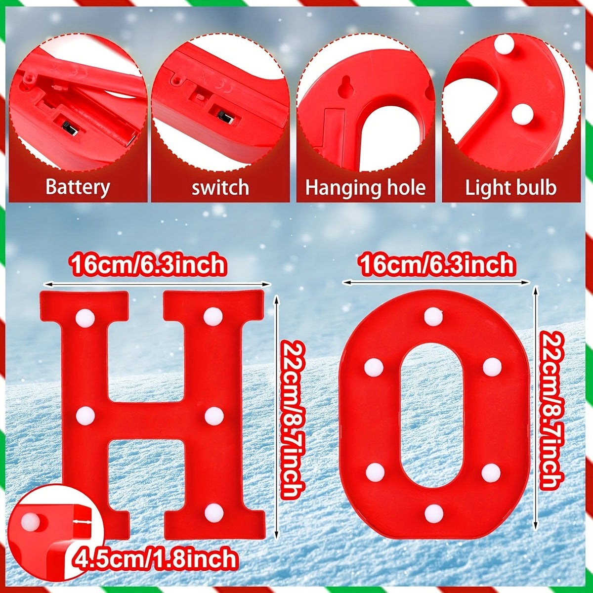 Świecące litery LED HO HO HO 22 cm - 6 szt., na baterie AA | wolnostojące - widok produktu 4 | Ionotix