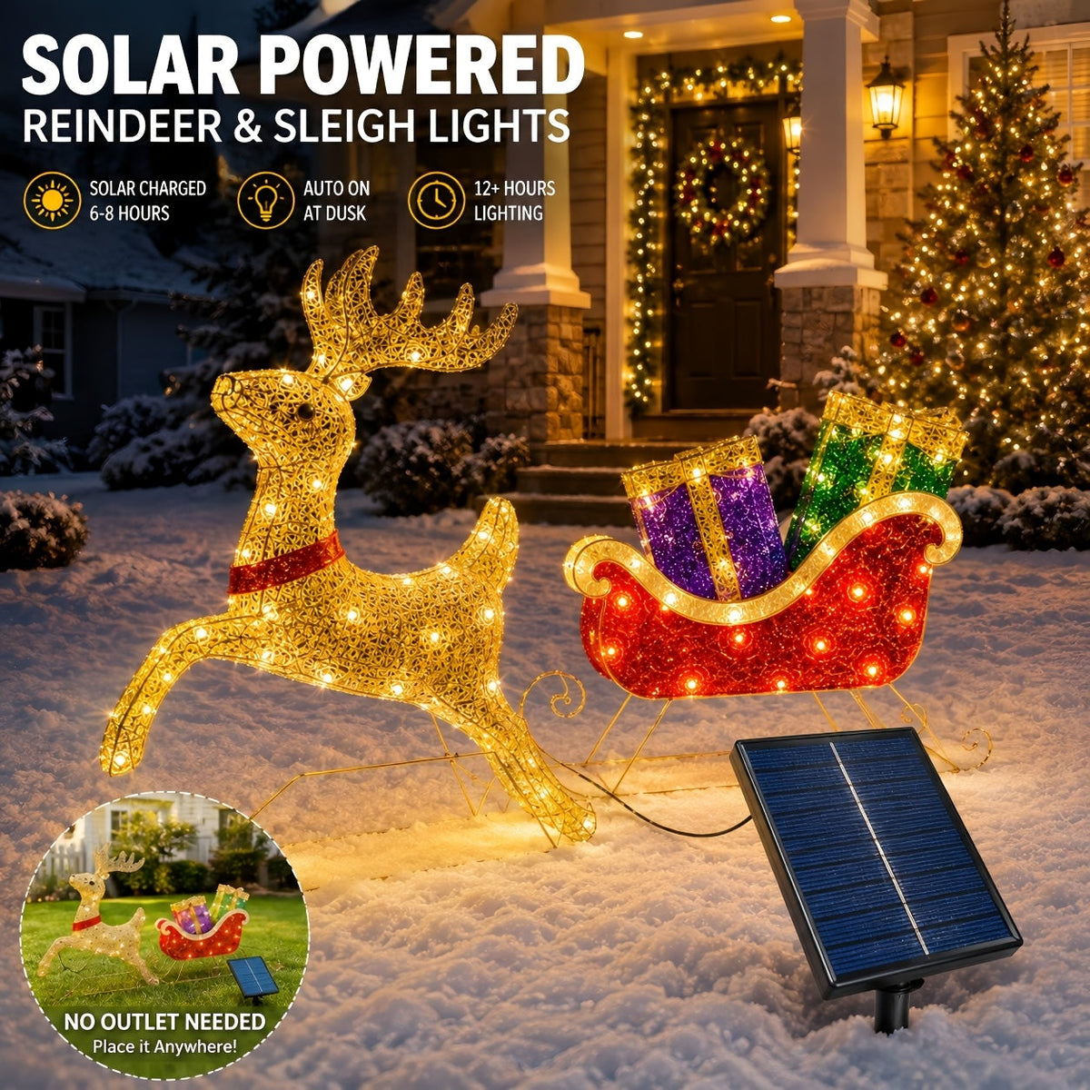 Świecący renifer i sanie LED 192 cm - solarne lub na USB, 8 trybów, czujnik zmierzchu - widok produktu 2 | Ionotix