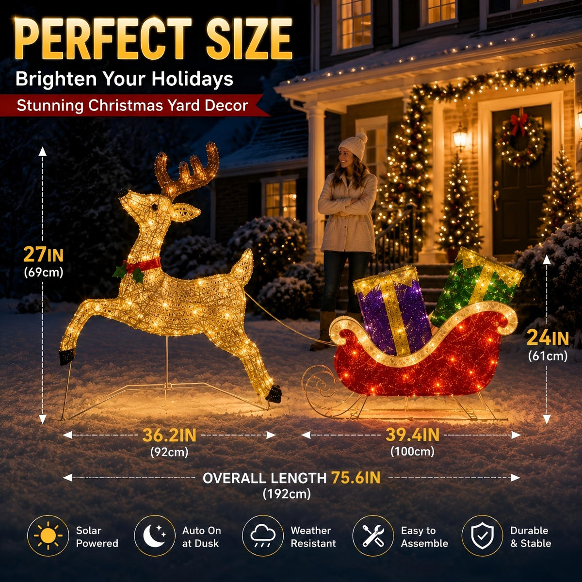 Świecący renifer i sanie LED 192 cm - solarne lub na USB, 8 trybów, czujnik zmierzchu - widok produktu 5 | Ionotix