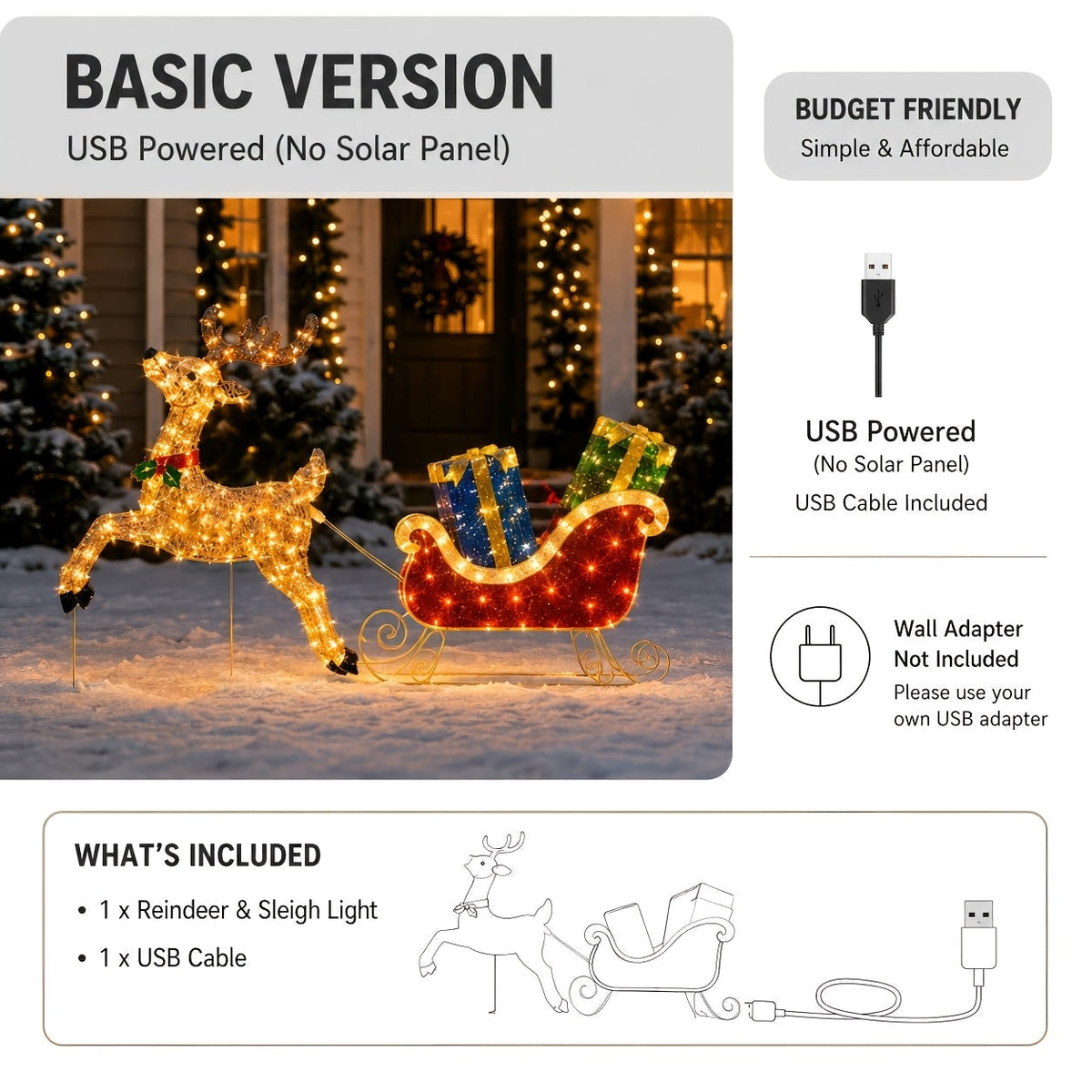 Świecący renifer i sanie LED 192 cm - solarne lub na USB, 8 trybów, czujnik zmierzchu - widok produktu 8 | Ionotix