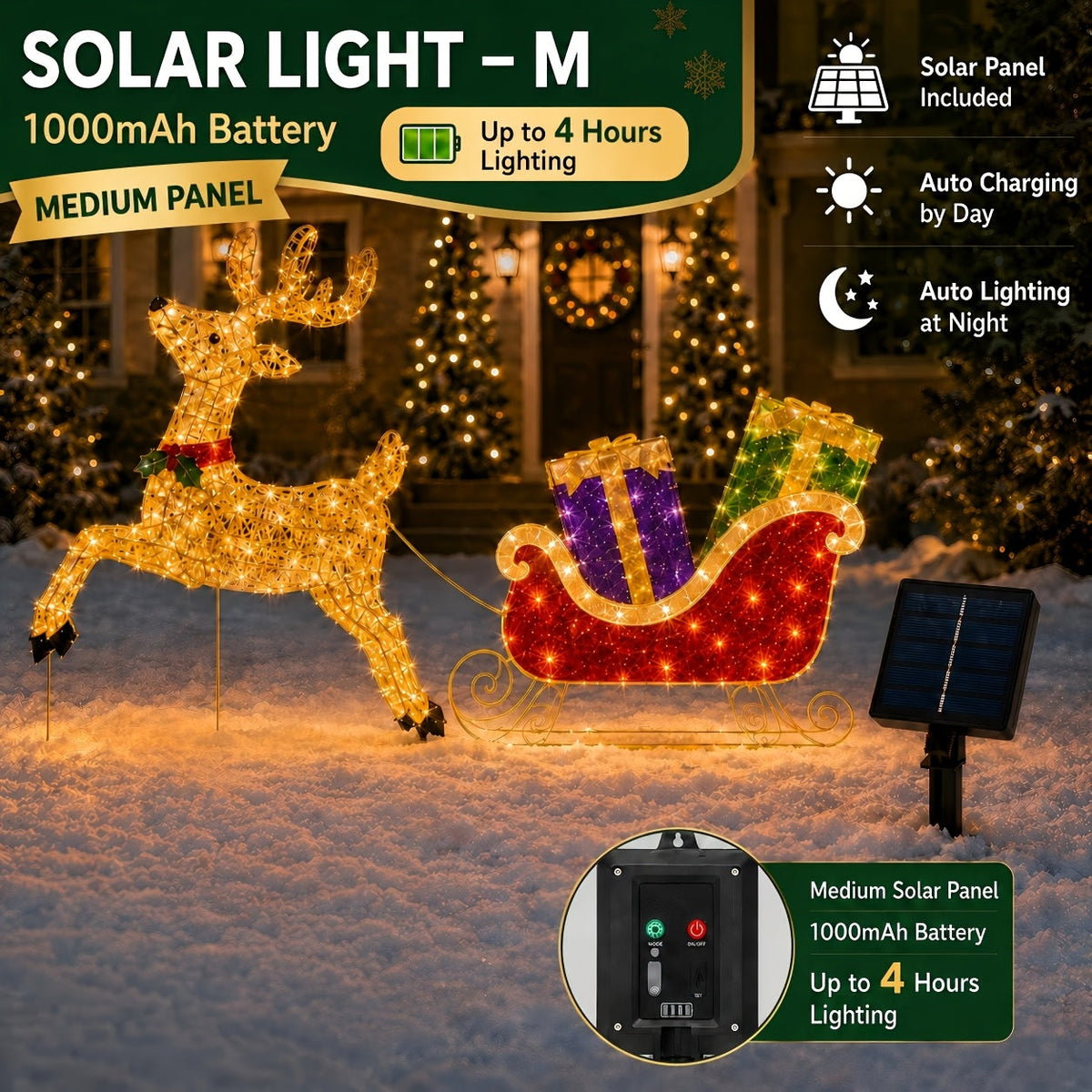 Świecący renifer i sanie LED 192 cm - solarne lub na USB, 8 trybów, czujnik zmierzchu - widok produktu 9 | Ionotix