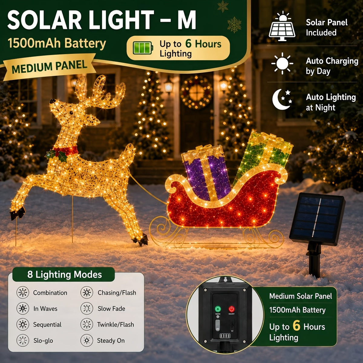Świecący renifer i sanie LED 192 cm - solarne lub na USB, 8 trybów, czujnik zmierzchu - widok produktu 11 | Ionotix