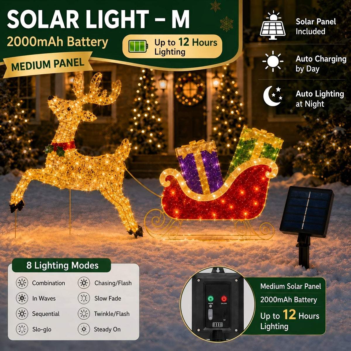 Świecący renifer i sanie LED 192 cm - solarne lub na USB, 8 trybów, czujnik zmierzchu - widok produktu 12 | Ionotix