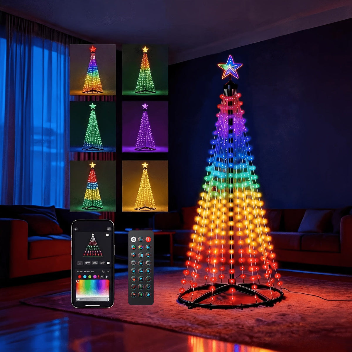 Świetlna choinka LED RGB 210 cm - sterowanie aplikacją i pilotem, synchronizacja z muzyką | IP44, 400 LED - widok produktu 3 | Ionotix