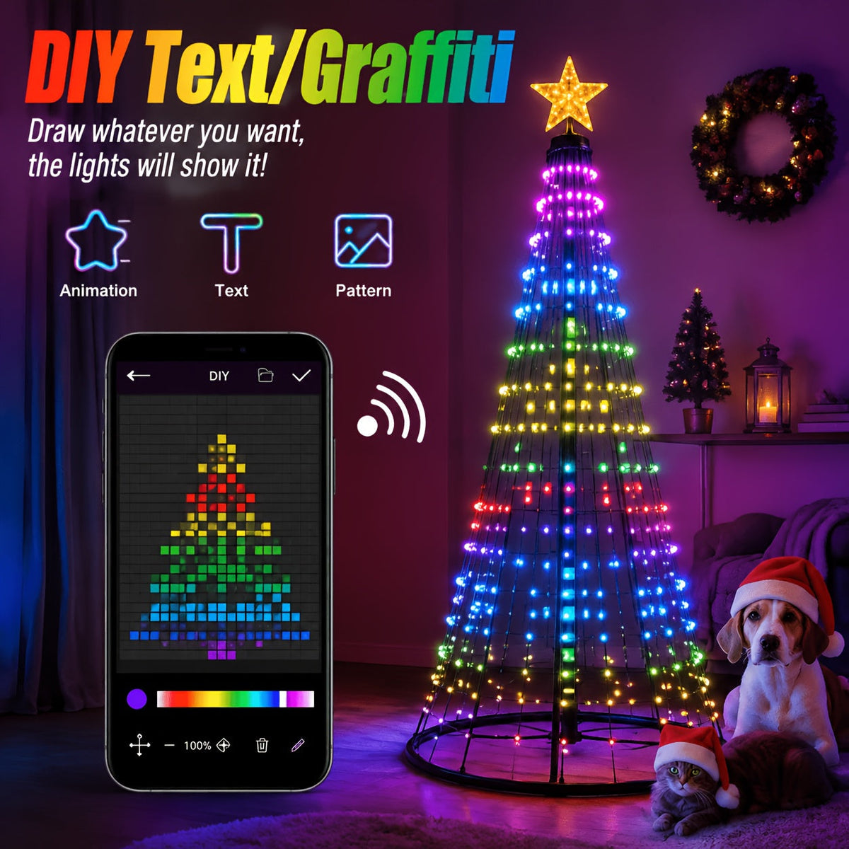 Świetlna choinka LED RGB 210 cm - sterowanie aplikacją i pilotem, synchronizacja z muzyką | IP44, 400 LED - widok produktu 8 | Ionotix