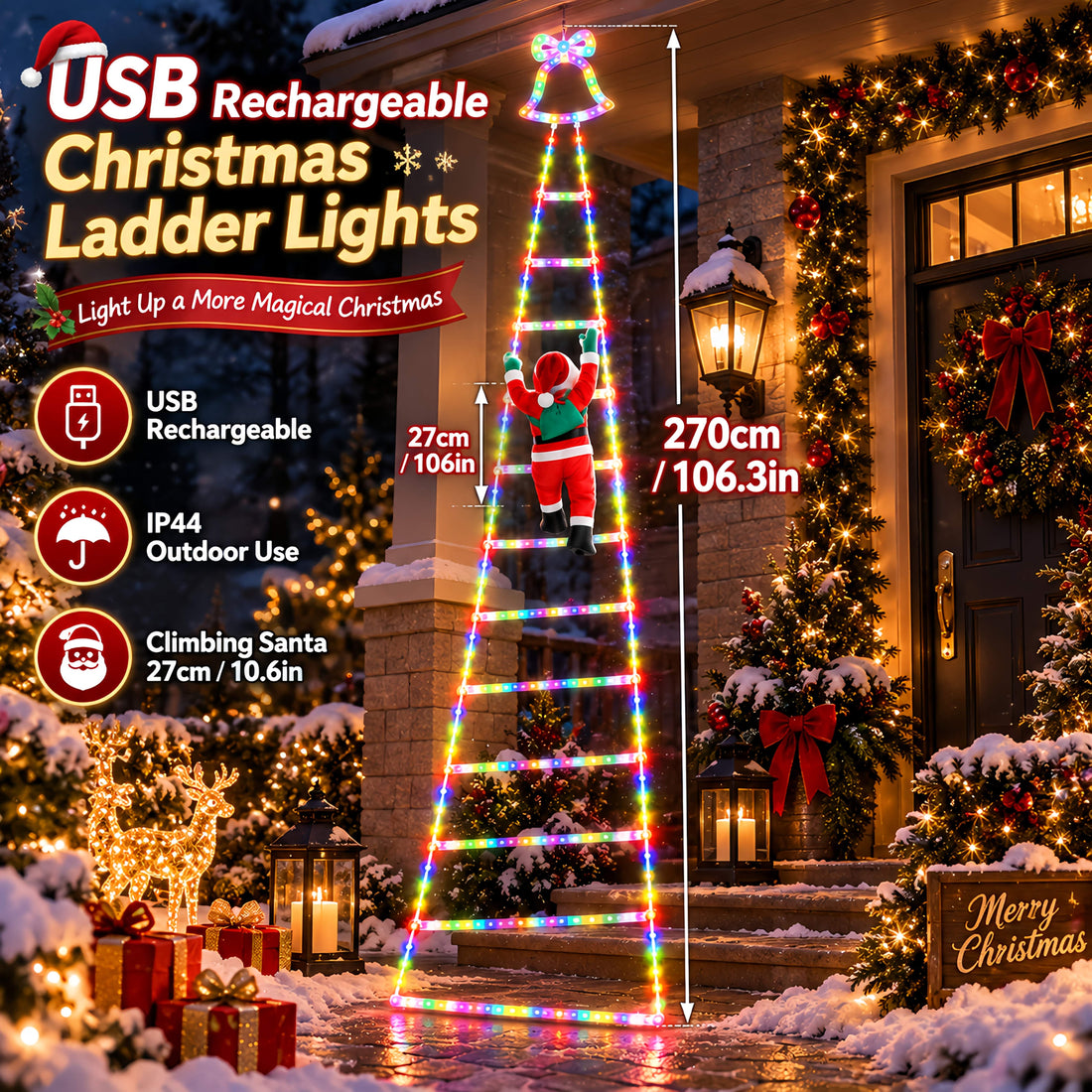 Świetlna drabina LED 270 cm - Mikołaj na drabinie, 255 LED, zasilanie USB | IP44 - widok produktu 3 | Ionotix