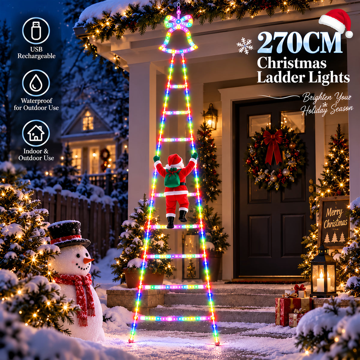 Świetlna drabina LED 270 cm - Mikołaj na drabinie, 255 LED, zasilanie USB | IP44 - widok produktu 6 | Ionotix
