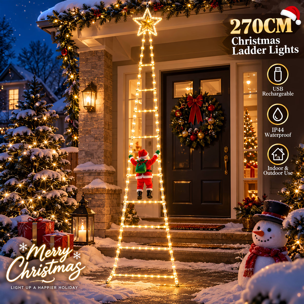 Świetlna drabina LED 270 cm - Mikołaj na drabinie, 255 LED, zasilanie USB | IP44 - widok produktu 7 | Ionotix