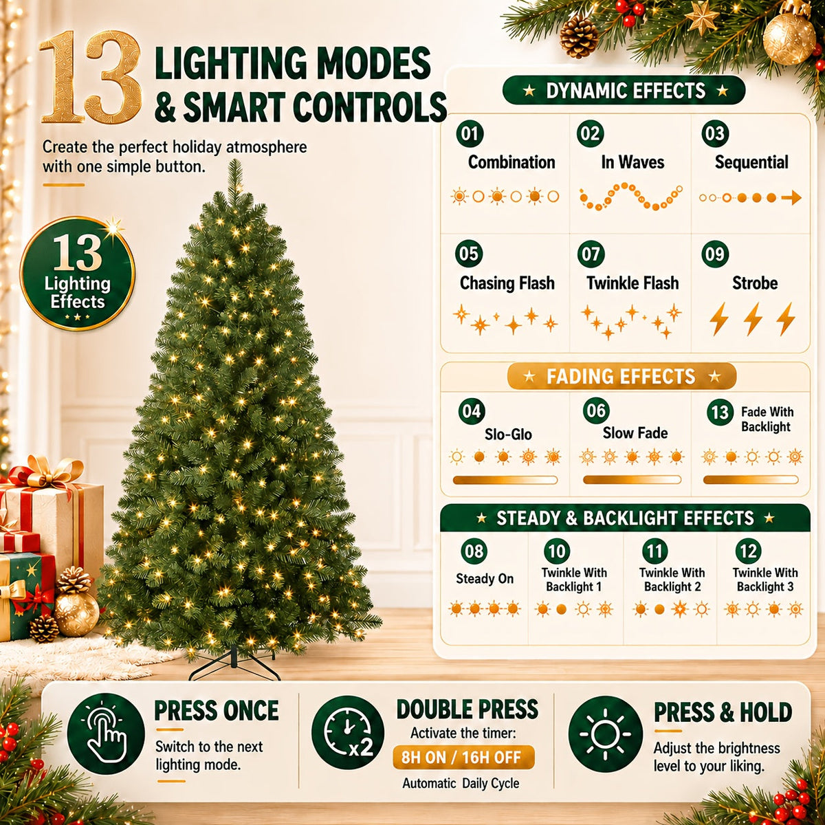 Sztuczna choinka LED 122-229 cm - 13 trybów świecenia, timer, ściemnianie | zawiasowe gałęzie, metalowy stojak - widok produktu 2 | Ionotix